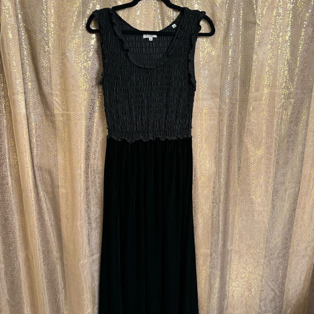 Max Studio London Georgette Black Smocked Velvet‎ Goth Maxi Dress Med